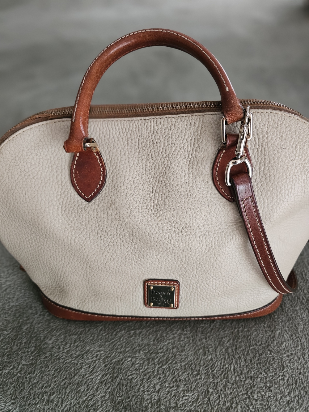 Authentic Dooney & Bourke Pebbled Cream and Brown Leather Satchel Handbag